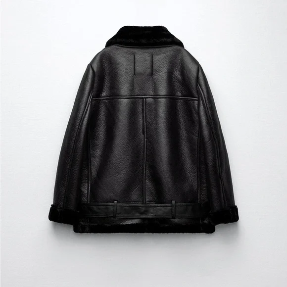 Zara Black Faux Leather Shearling Biker Jacket - Picture 5 of 16